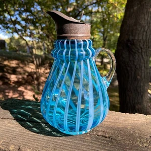Antique 1890s EAPG Stripe Blue Opalescent NORTHWOOD or Hobbs Glass Syrup Pitcher - Picture 1 of 11