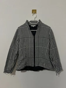 Anne Fontaine Jacket Plaid Zip Long Sleeve Tweed Black White Size 2 - Picture 1 of 14
