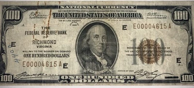1929 $100 U.S.A. National Currency Note Richmond Virginia Federal Reserve - Image 1 of 4