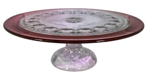 Vintage King’s Crown Cranberry Ruby Tiffin Glass Thumbprint Pedestal Cake Stand - Picture 1 of 10