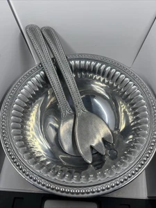 Wilton Armetale "Flutes and Pearls" 11 3/4" 3 Pc Pewter Salad Serving Set - Picture 1 of 14