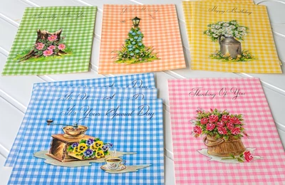 8 tarjetas de felicitación a cuadros florales de colección sin usar con sobres flores guinga años 70 5722 Foto 1 de 4