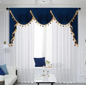 ELKCA 3 Swag Thick Chenille Window Curtains Valance Navy Swag - Picture 1 of 7