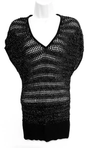 WHBM XS sweater black silver open knit V neck short dolman sleeve ribbed hem - Picture 1 of 10
