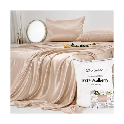 PROMEED 100% 纯桑蚕丝床单特大号套装,豪华 23 妈妈 4 件套丝绸床... — 第 1/4 张图片