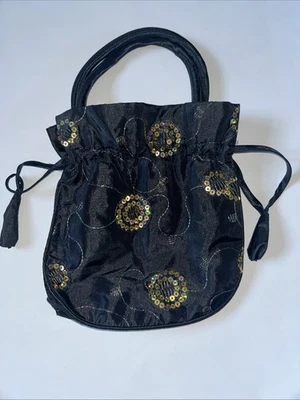 Black And Gold Drawstring Evening Bag With Sequins - Image 1 of 4