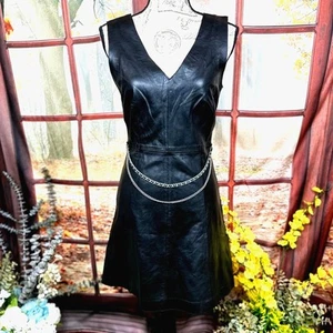 Muubaa Meghna Black 100% Lamb Leather Chains Mini Dress 4 - Picture 1 of 16