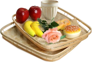 PEMAR Set of 2 Bamboo Wicker Serving Trays for Foods & Drinks, Rectangular Break - Picture 1 of 12