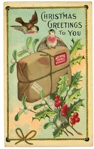 Christmas Greetings To You, Birds And Parcel, Package Gift Christmas Postcard - Picture 1 of 2