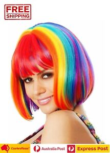 Rainbow Bob Wig Full Fringe Deluxe Rockstar Fancy Colourful Short Wig  Au Stock