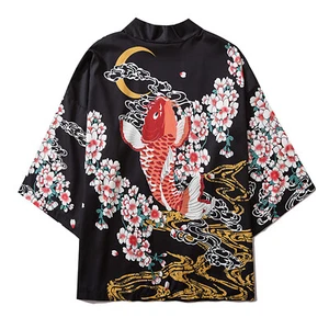 Niepce Men's Flowers and Fish Graphic Lightweight Japanese Kimono Cardigan - Picture 1 of 11