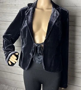 Vintage The Limited Velvet Jacket Medium Deep Blue Collared Tie Front Silk Blend - Picture 1 of 11