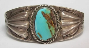 NAVAJO FRED HARVEY ERA STAMPED Arrow Man STERLING SILVER TURQUOISE CUFF BRACELET - Picture 1 of 24