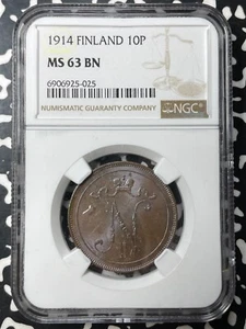 1914 Finland 10 Pennia NGC MS63BN Lot#G8884 Choice UNC! - Picture 1 of 3