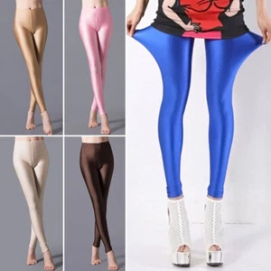 Womens Skinny Fit High Waist Stretchy Jeggings Ladies Glossy Soft Leggings Pants - Picture 1 of 31