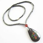 Black Hematite/Red Agate Cylinder Teardrop Necklace About 17.5" D75624