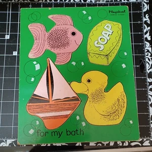 USED wooden puzzle Playskool Bath sailboat soap rubber duck Vintage self care - Picture 1 of 4