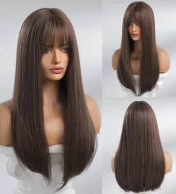 Cosplay Wigs With Bangs Long Straight Heat Resistant Hair Dark brown - Image 1 of 4