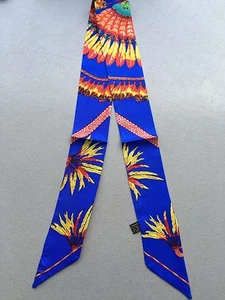 The Brazilian Feather Print Pony Tail Scarf, Blue Theme -- 100% Silk Twill - Picture 1 of 1