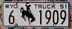 Vintage - 1951 Wyoming  Truck License Plate -  County Carbon # 6 - 1909 Tag...