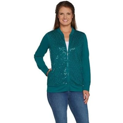 Chaqueta de bombardero Quacker Factory 1X verde abeto lentejuelas remolino cremallera frontal FrenchTerry Foto 1 de 4