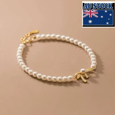 Woman REAL s925 Sterling Silver Pearl Bowknot Cute Charm Bracelet Bangle 23cm - Image 1 of 4