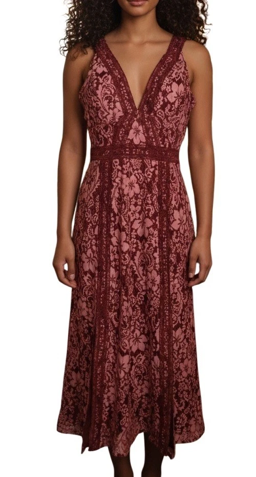 Anthropologie Keepsake Sz 4 Womens Burgundy Embroidered Lace Grunge Midi Dress - Image 1 of 4
