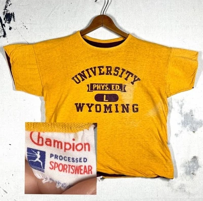 VINTAGE 50s Wyoming University T Shirt M Double Face Physical Education Champion - Image 1 of 4