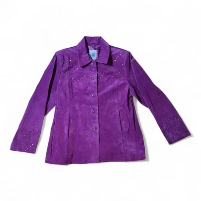 Jaqueta de couro roxa Atlantic Beach feminina vintage tamanho G com lantejoulas cravejadas faroeste - Imagem 1 de 4