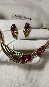 Vintage Swarovski SAL Ruby Red Gold Tone Choker Necklace and Pierced Earrings - Picture 1 of 17