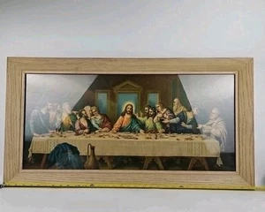 Vintage Large Wood Framed Jesus & Last Supper Print Picture Greek - Picture 1 of 18