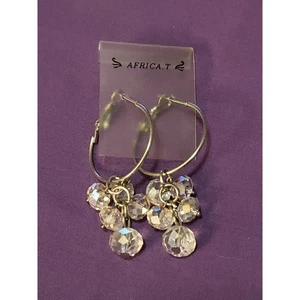 Africa T Dangle Earrings, Silver Tone Hoop With Sparkly Clear Glass Bead Cluster - Picture 1 of 8