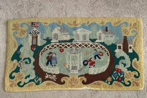 RARE Vintage Hand Hooked Floral Rug. Town/ Schoolyard Scene 22 X 38” - Picture 1 of 10