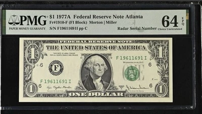 1977A $1 Atlanta FRN PMG 64 EPQ Radar Serial F19611691I Choice Unc Fancy Birth - Image 1 of 3