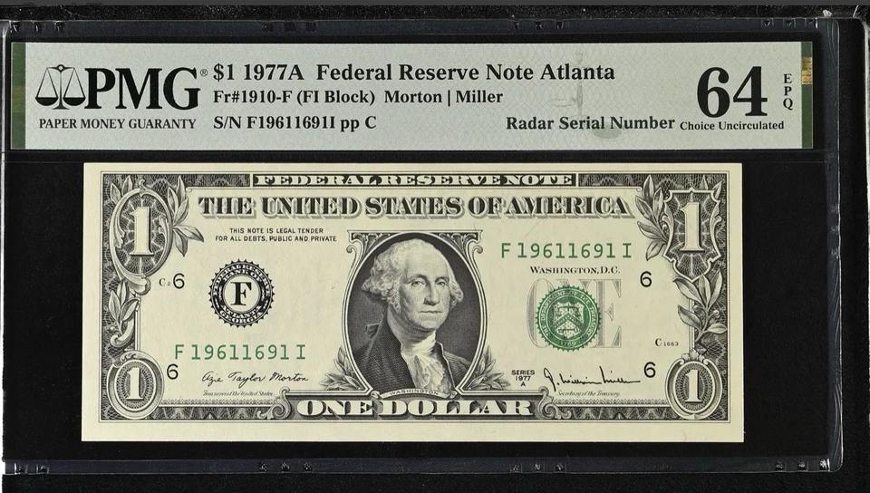 1977A $1 Atlanta FRN PMG 64 EPQ Radar Serial F19611691I Choice Unc Fancy Birth - Image 1 of 3