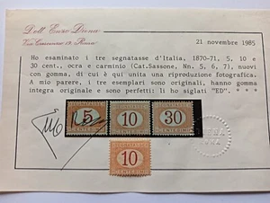 REGNO D'ITALIA - 1870 - SEGNATASSE DA CT. 10 SASSONE N. 6 MNH** CERTIFICATO - Foto 1 di 4