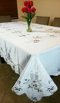 White 72x108" Embroidery Silver Candle Ornament Christmas Tablecloth Napkins   - Image 1 of 4