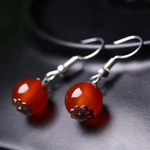 Round Natural 10mm Red Carnelian Earrings Cute Women Jewelry Hook Dangle Gift - Picture 1 of 3