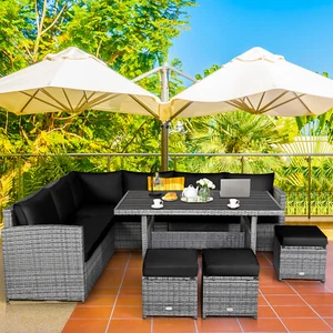 Patiojoy 7 PCS Patio Rattan Dining Set Sectional Sofa Couch Outdoor Deck Black - Picture 1 of 6