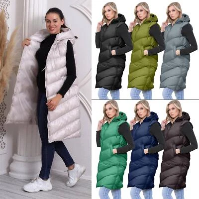 LOVE MY FASHIONS Damen LongLine Puffer Kapuzenweste gepolsterte Reißverschlüsse Körperwärmer Jacke Seitentaschen