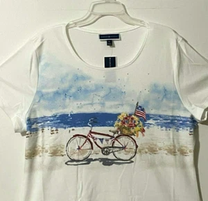 AMERICAN FLAG Beach Scene RED BIKE Embellished TEE Women's Size XL NWT - Picture 1 of 7