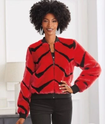 Size 1X PLUS Ashro Red Black Gianna Faux-Fur Bomber Jacket - Image 1 of 4