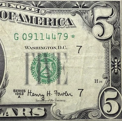 1963A $5 Dollar Bill Star Note Error Replacement Vintage Currency Collectible . - Image 1 of 3