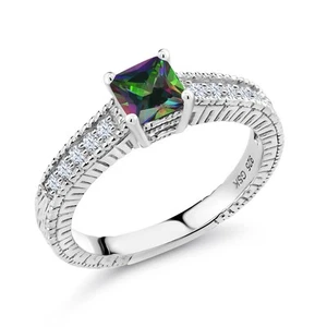 0.95 Ct Green Mystic Topaz White Created Sapphire 925 Sterling Silver Ring - Picture 1 of 5