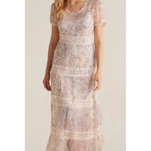 Vestido midi suave envolvente Althea floral en capas con ribete de encaje para mujer talla grande 18W - Imagen 1 de 12