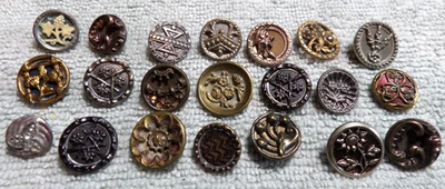 21 Vintage Antique Metal Picture Buttons FLORAL #3 - Image 1 of 4