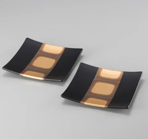Kanazawa Hakuichi vero oro piatto quadrato nero piccolo piatto coppia fatto a mano Giappone - Foto 1 di 9