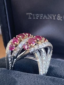 Tiffany & Co Platinum Ruby Diamond Cluster Cocktail Wire Ring 16.9 Gram 3.69 TCW - Picture 1 of 24