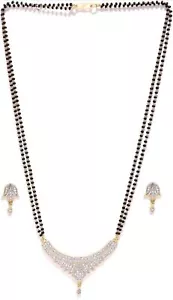 Diamond Gold Plated Mangalsutra Pendant with Chain and Earrings for Women - Picture 1 of 2