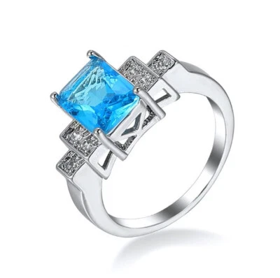 Rectangle Fire Sky Blue Topaz Citrine Green Quartz Gems Silver Rings Size 6~10 - Image 1 of 4